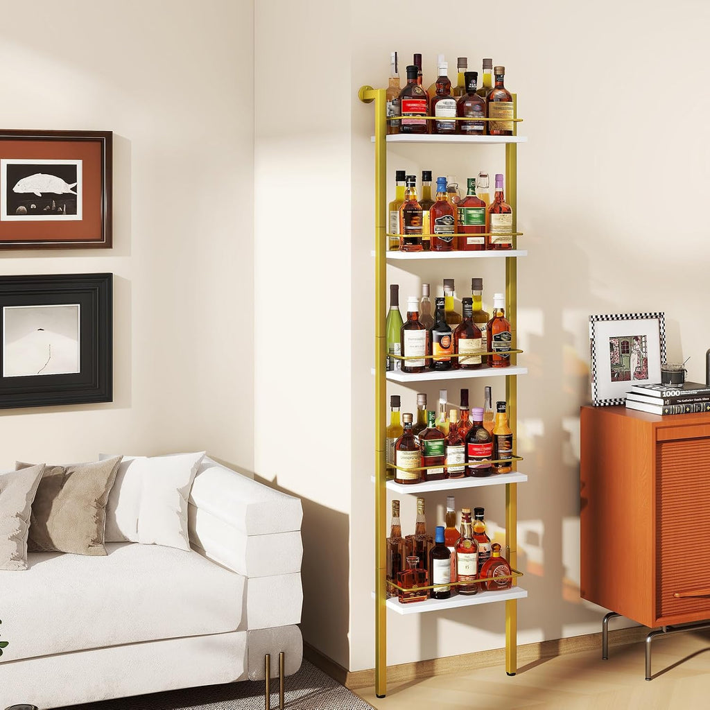 YMYNY 5-Tier Freestanding Wine Rack, White with Gold, UHWR001G | With Fences, Wall Mounted Floating Shelf, Bottles Holder, Liquor Cabinet Storage 16.93" L x 7.87" W x 69.68" H for Kitchen