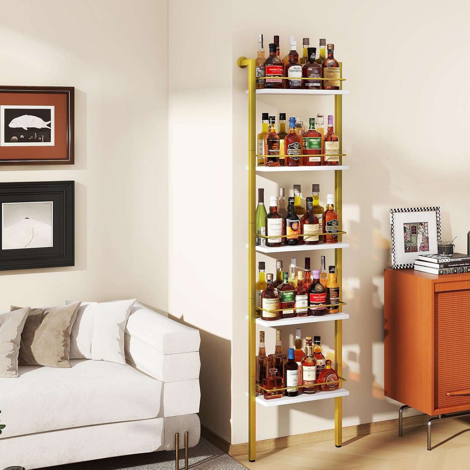 YMYNY 5-Tier Freestanding Wine Rack, White with Gold, UHWR001G | With Fences, Wall Mounted Floating Shelf, Bottles Holder, Liquor Cabinet Storage 16.93" L x 7.87" W x 69.68" H for Kitchen