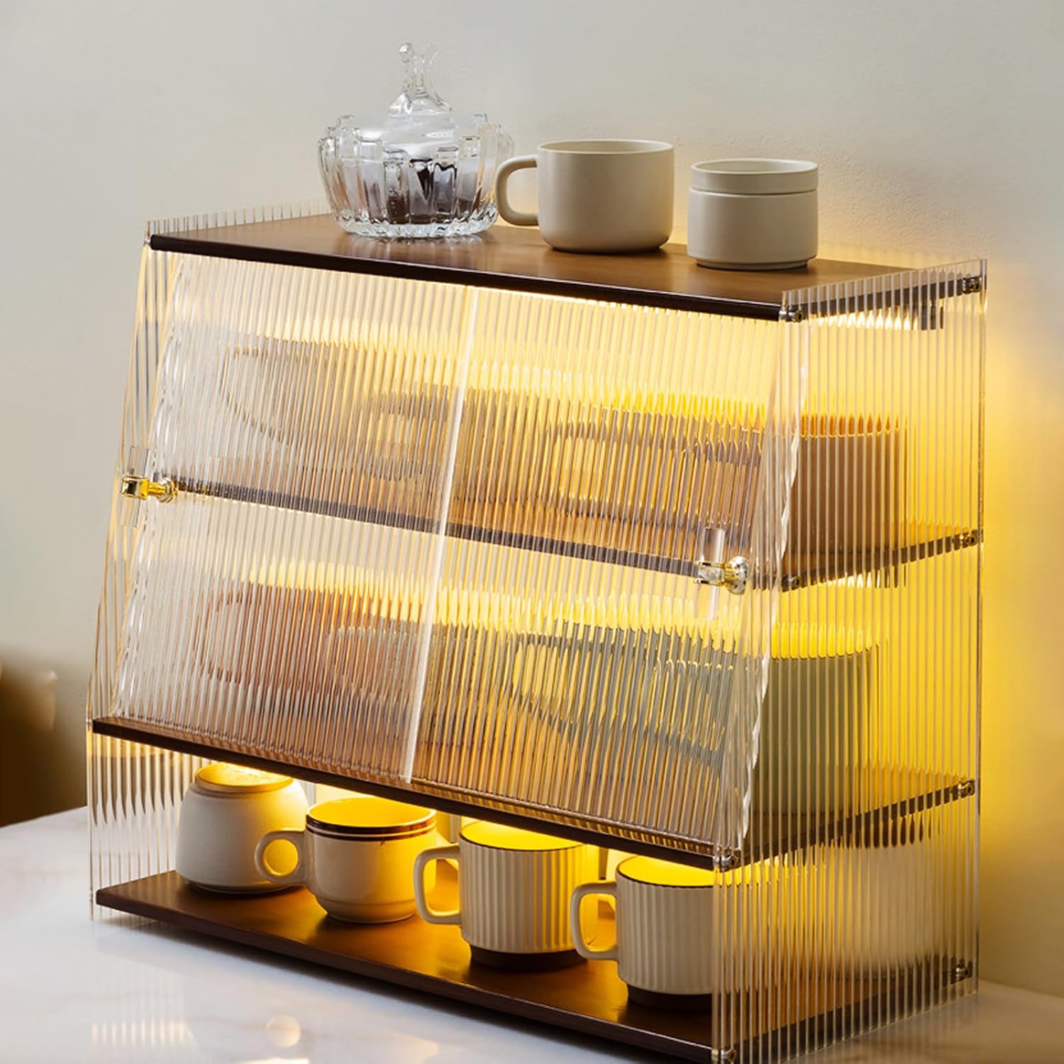 4-Tier Clear Acrylic Organizer, Pantry Cabinet with Sliding Doors, Trapezoidal Countertop Cabinet for Bowls, Spices or Bathroom Storage (B)
