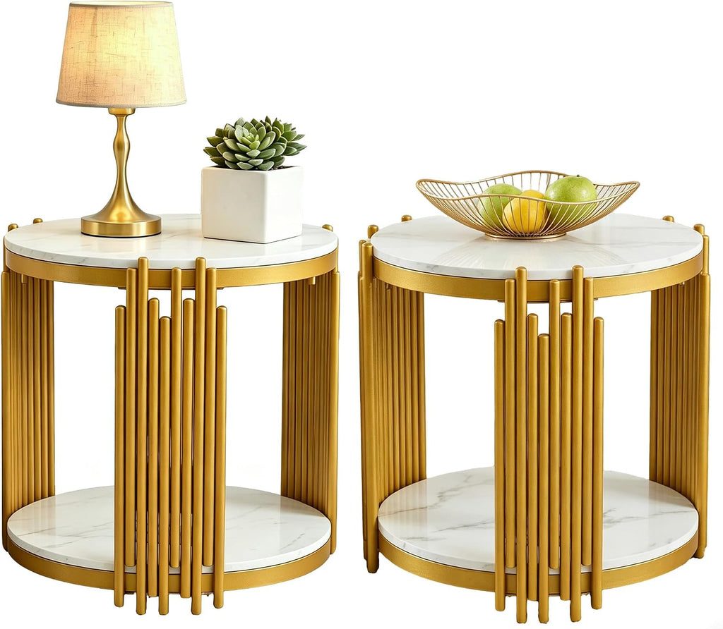 2-Tier Faux Marble End Table with Storge, Round End Table with Gold Metal Frame, Mid Century Modern Couch Sofa Side Tables Bedside Tables for Living Room Bedroom, Circular White Nightstand