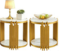 2-Tier Faux Marble End Table with Storge, Round End Table with Gold Metal Frame, Mid Century Modern Couch Sofa Side Tables Bedside Tables for Living Room Bedroom, Circular White Nightstand