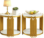 2-Tier Faux Marble End Table with Storge, Round End Table with Gold Metal Frame, Mid Century Modern Couch Sofa Side Tables Bedside Tables for Living Room Bedroom, Circular White Nightstand