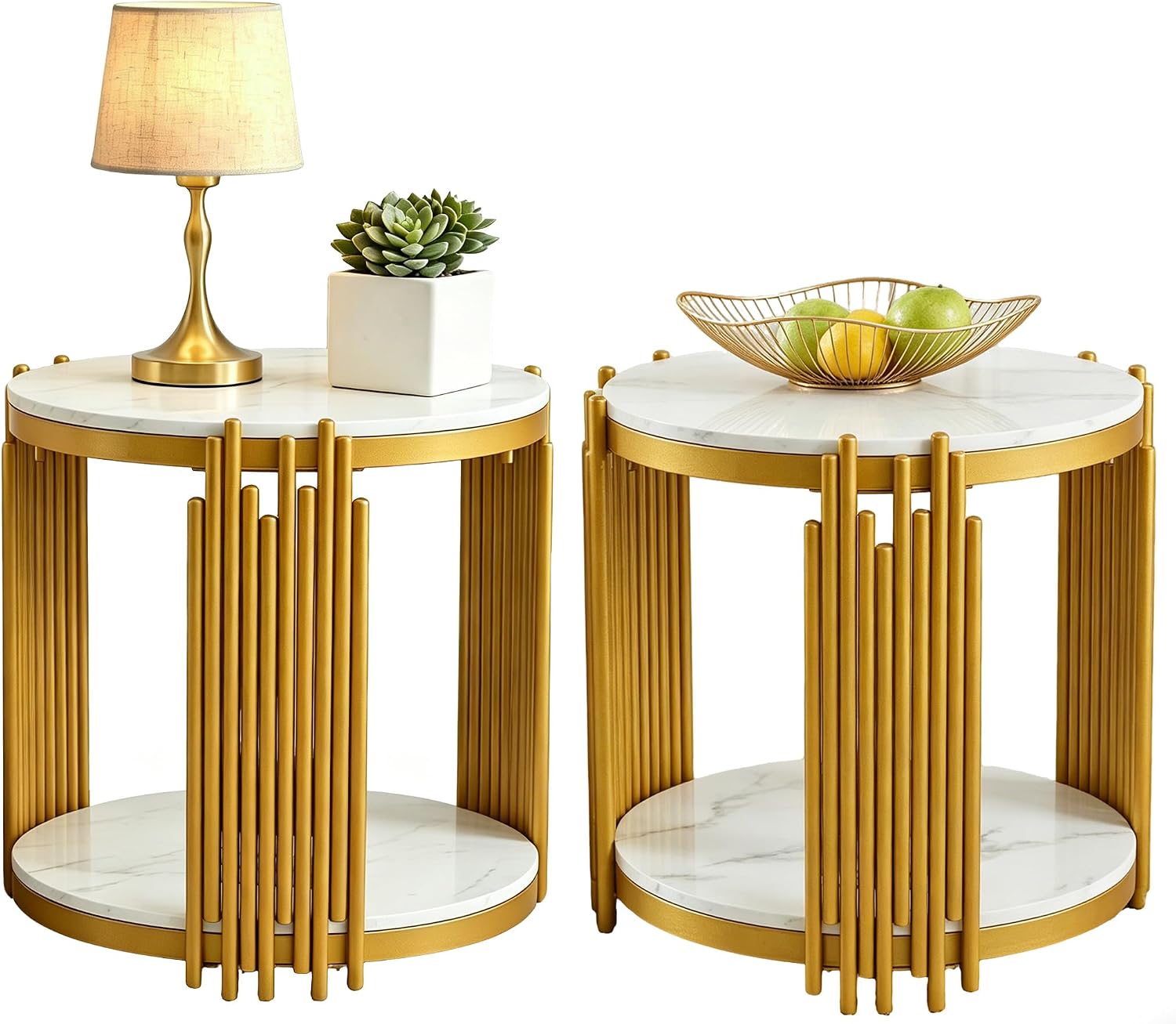 2-Tier Faux Marble End Table with Storge, Round End Table with Gold Metal Frame, Mid Century Modern Couch Sofa Side Tables Bedside Tables for Living Room Bedroom, Circular White Nightstand