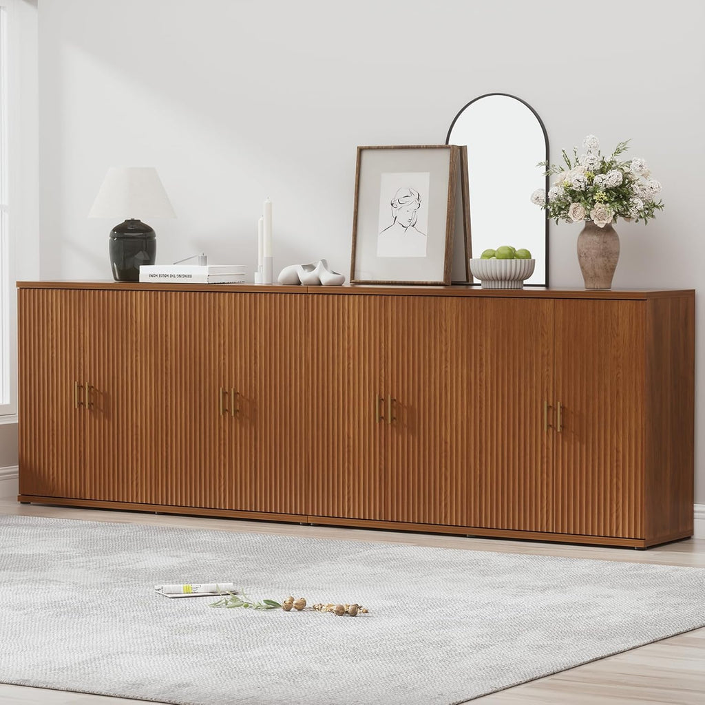 Yechen 94.6" Walnut Fluted Sideboard Buffet Cabinet with Storage and 8 Doors, Mordern Credenza Storage Cabinet with Adjustable Shelves, Media Console Table, for Living Room Dinning Kitchen(2 PCS)