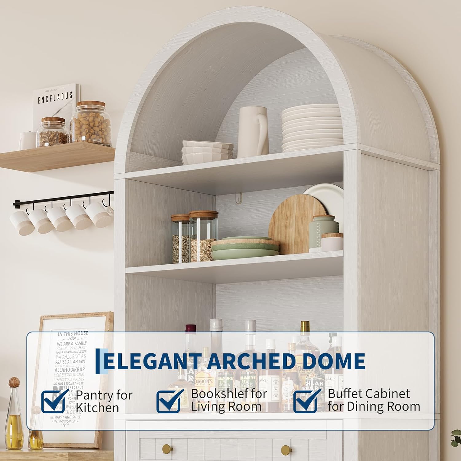 Modern Farmhouse Arched Pantry Cabinet 73" – Freestanding Tall Storage with Adjustable Shelves & Drawer – Accent Kitchen, Dining, Living or Bedroom Cupboard – Embossed White