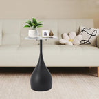 Modern Round Side Table with Black Pedestal Base, Artificial Marble Top, Accent End Table for Sofa Living Room Bedroom Office