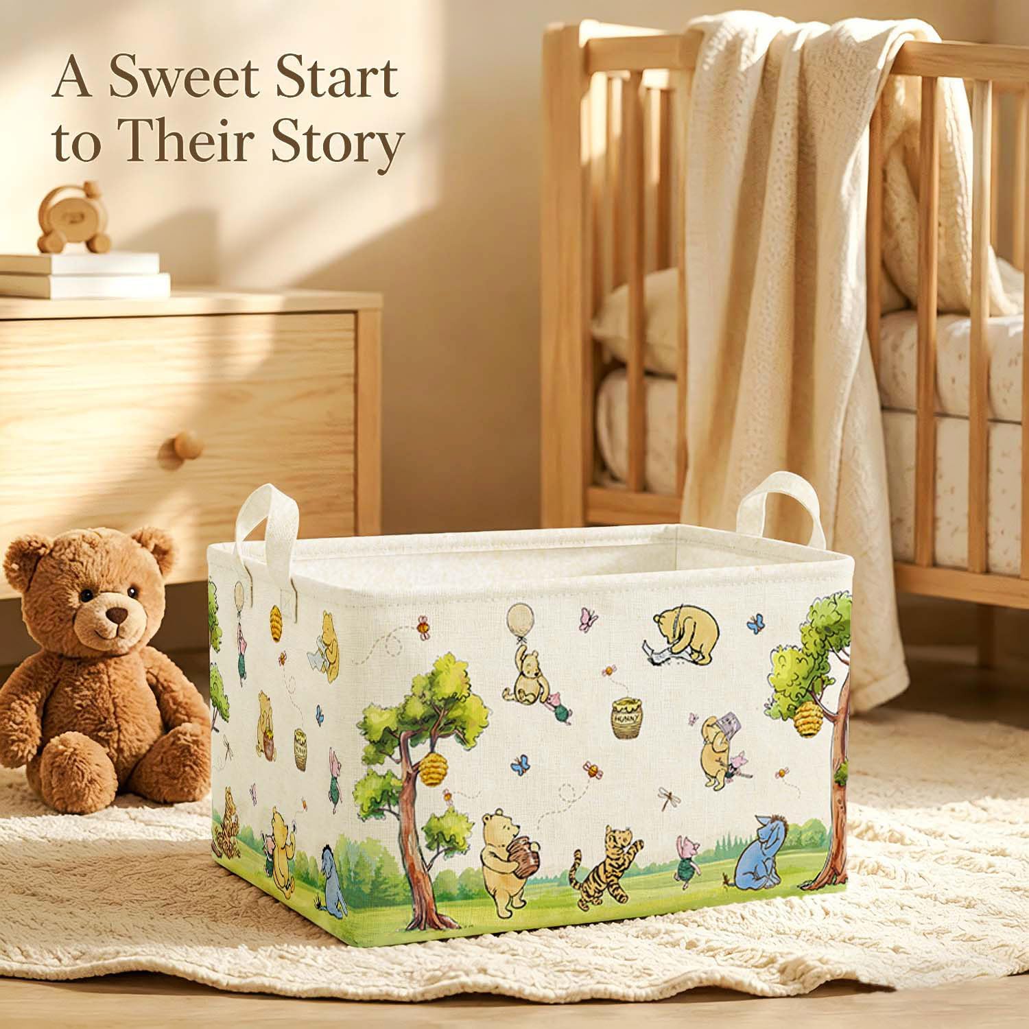 Rectangle Classic Winnie Bear Baby Basket for Nursery, Neutral Vintage Winnie Baby Stuff Gift Bags Waterproof Storage Basket Canvas Clothes Diaper Bag