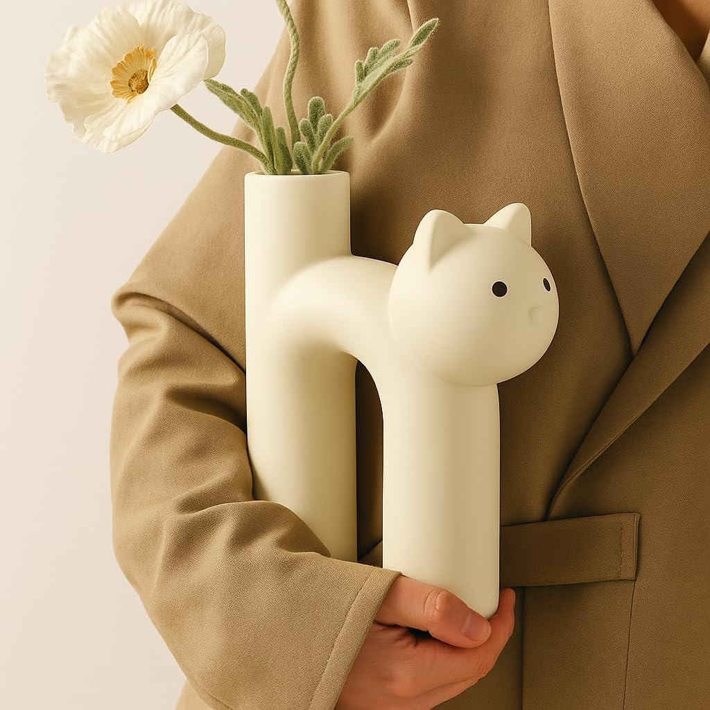 Cat Vase for Flowers, Ceramic Cat Desk Decor for Home & Office, Minimalist Flower Vase for Dried Plants, Cat Lover Gifts for Women, Cat Mom Gifts, Gifts for Cat Lovers, Cute Home Decor Small Vase