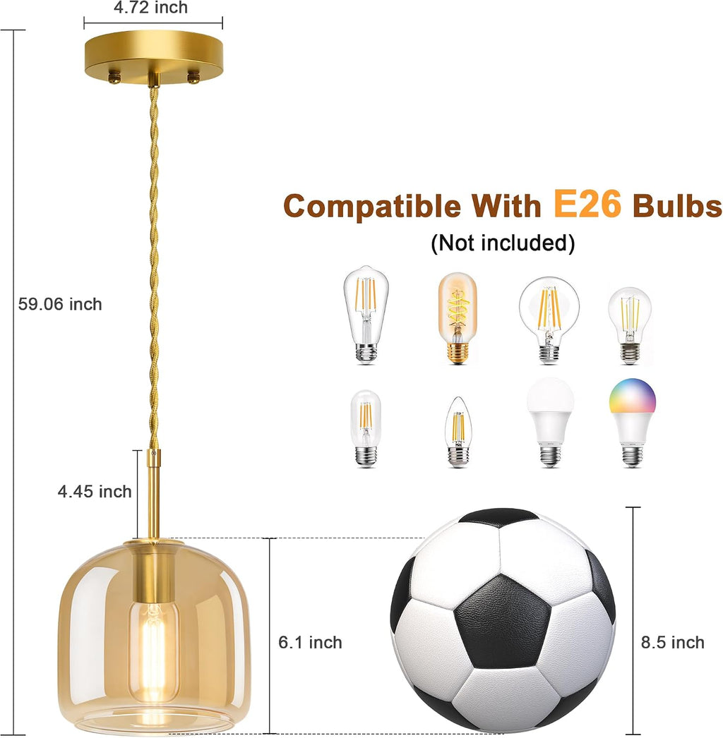 Pendant Lights Kitchen Island 2 Pack,Gold Pendant Lights with Glass Shade,Vintage Hanging Light Fixture Adjustable Cord for Kitchen,Dining Room,Hallway,Living Room,Foyer, Entryway