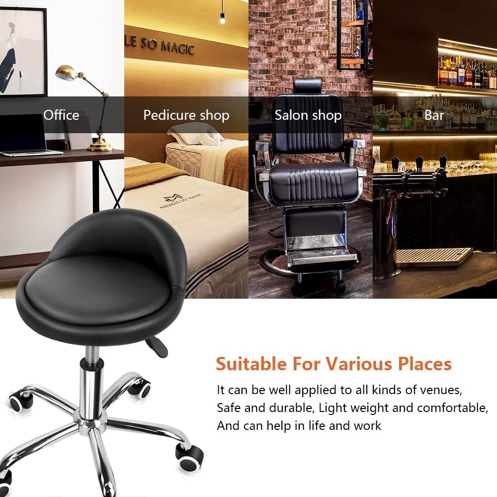 KKTONER PU Leather Round Rolling Stool with Back Rest Height Adjustable Swivel Drafting Work SPA Task Chair with Wheels Black
