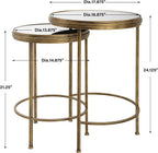 Set of 2 Antique Brushed Gold Iron Nesting Tables with Mirrored Glass Tops Modern Round Accent End Tables Luxury Living Room & Bedroom Side Tables, Space-Saving Nested Design