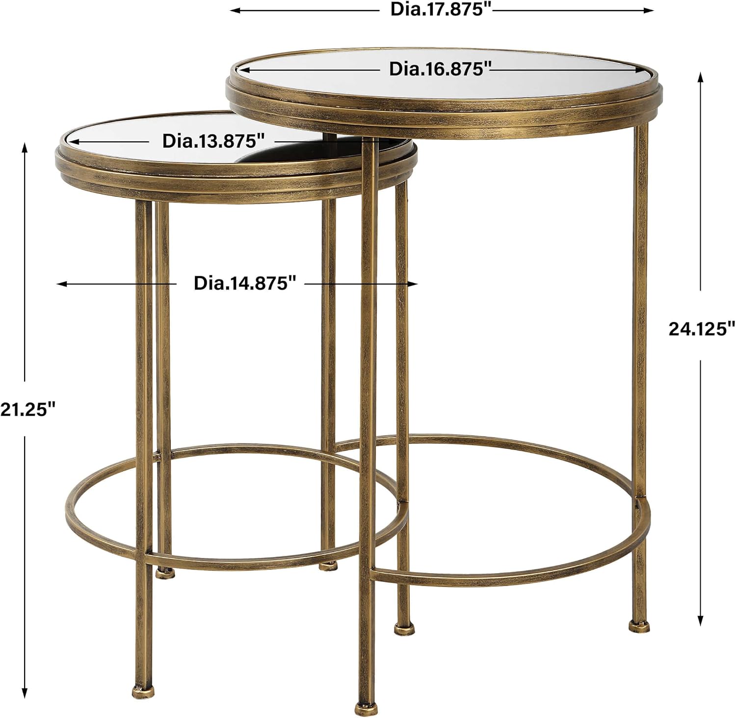 Set of 2 Antique Brushed Gold Iron Nesting Tables with Mirrored Glass Tops Modern Round Accent End Tables Luxury Living Room & Bedroom Side Tables, Space-Saving Nested Design