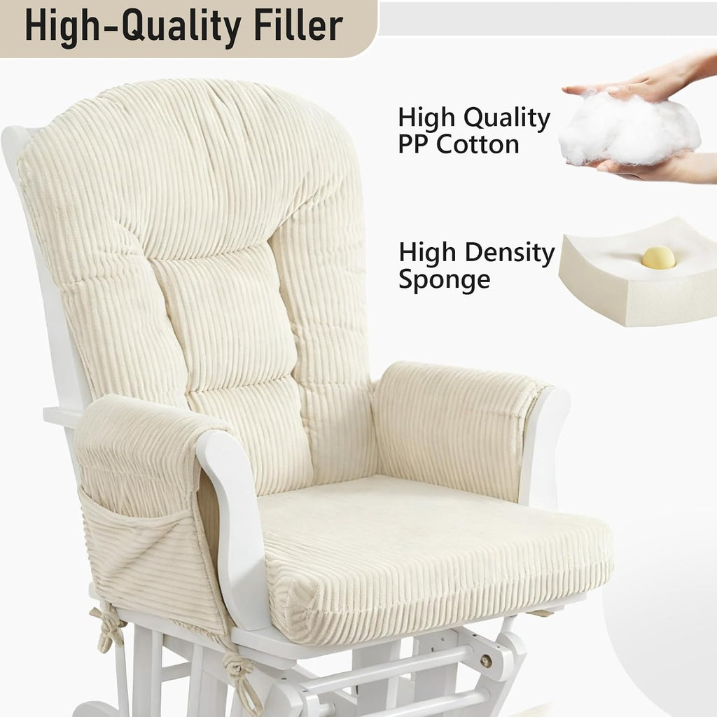 Boshen 5PCS Glider Rocker Replacement Cushions with Storage Side Pockets, Thickened 3.5IN Seat & Supportive Striped Plush Rocking Chair Cushion Set with Ottoman Cover for Indoor Nursery, Beige
