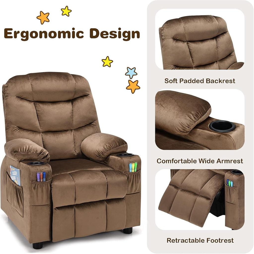 Kids Recliner, Kids Recliner Chair w/ 2 Cup Holders, Velvet Fabric Chairs Comfy w/Adjustable Backrest & 3 Pockets, Toddler Furniture Sofa for Boys Girls Aged 3+