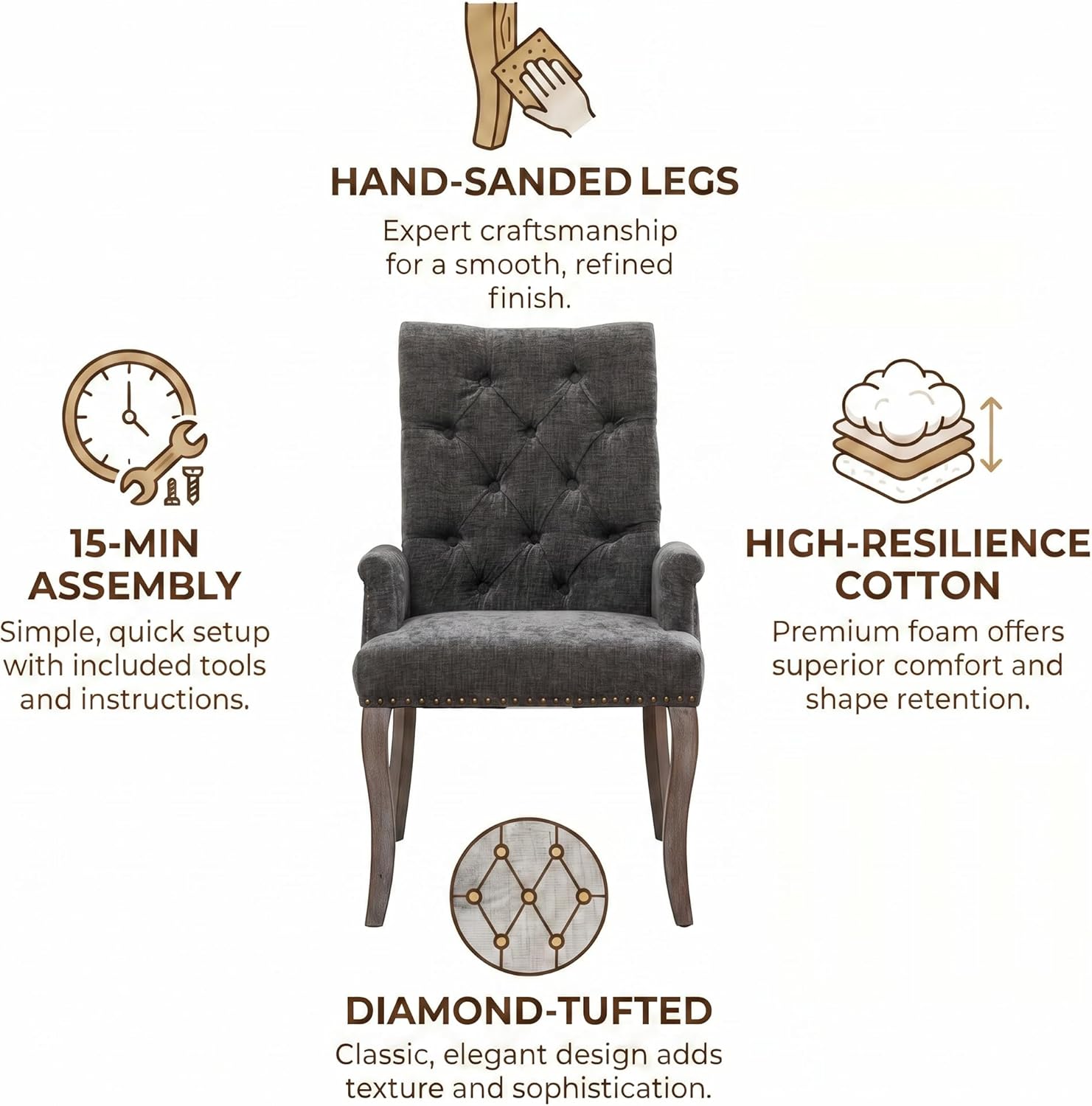 Upholstered Dining Chairs with Arms, Tufted Chenille Kitchen Chairs with Arms, Modern Farmhouse Armchair with Nailhead Trim for Dining Room, Home Office (Gray, 1 Pack)