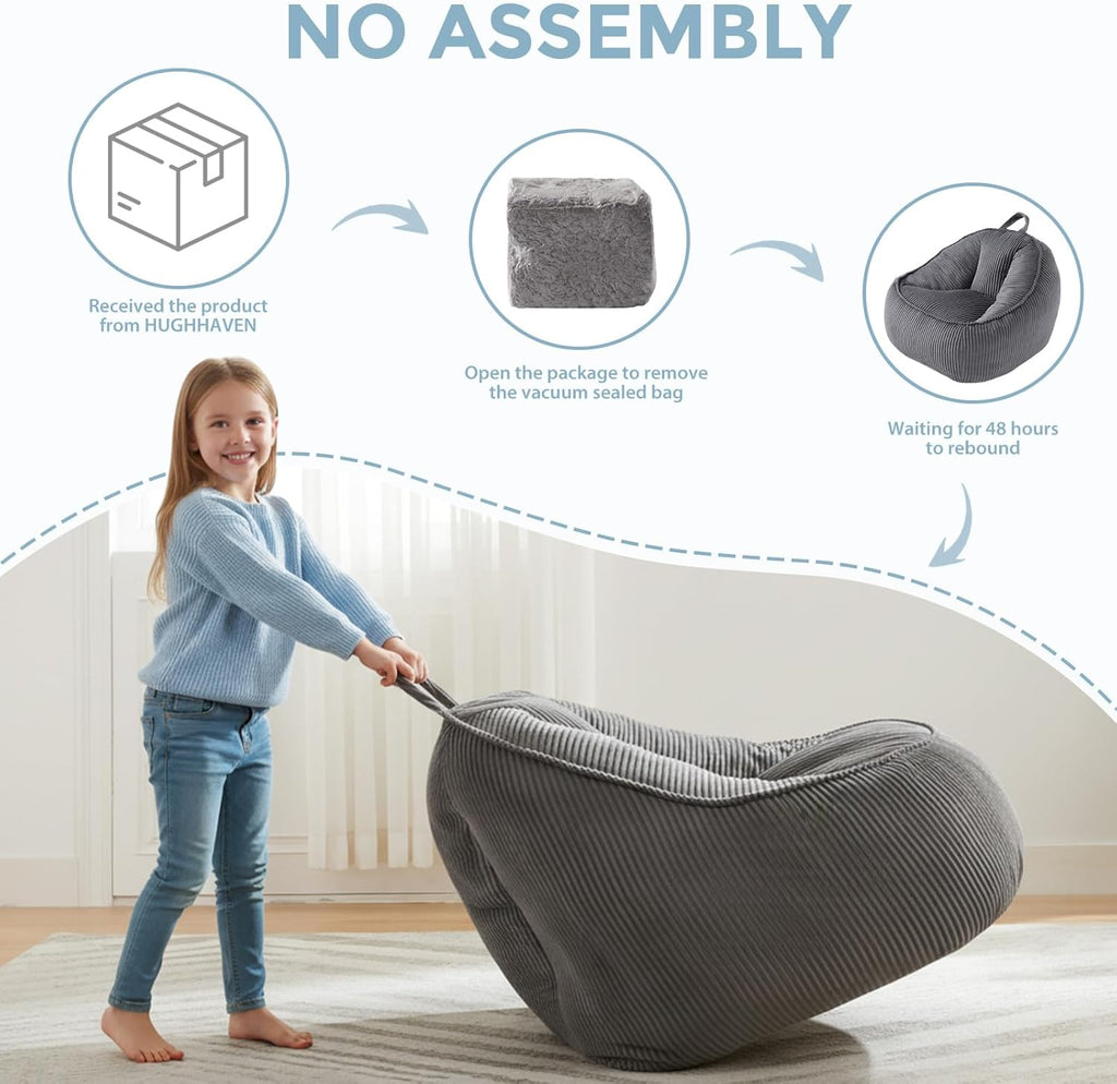 HUGHEAVEN Bean Bag Chair for Kids, Small Kids Bean Bag Chair, Cozy Reading Chair & Stuffed Floor Sofa, Soft Bean Bag Seat for Boys and Girls, Floor Chair for Gaming, Reading, Lounging & TV, Grey