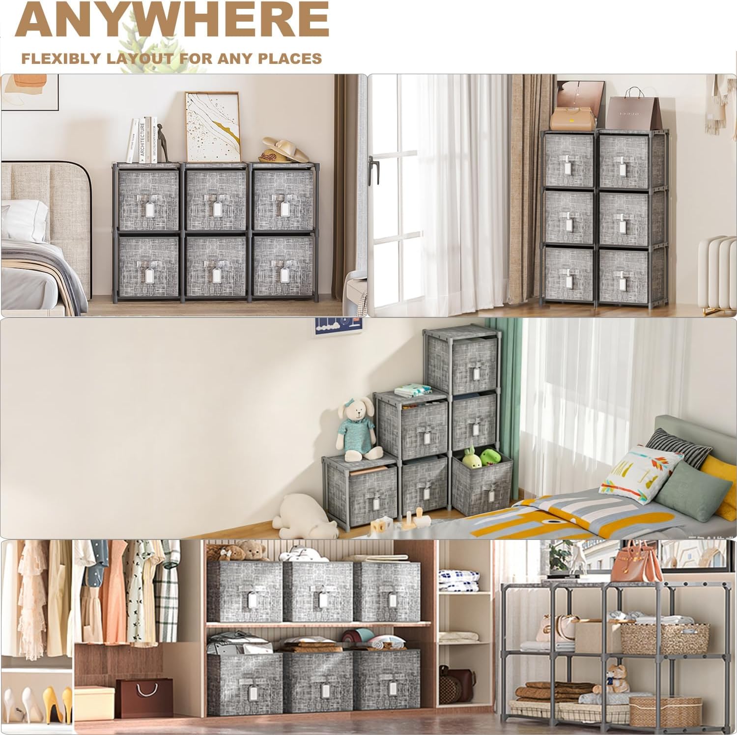 LUKYTOWER Cube Storage Organizer Shelf with 6 Printed Bins + Labels, Adjustable Modular Cubby Storage Organizer with Bins, Large Capacity Shelves for Storage,Closet, Living Room, Dorm, Yarn