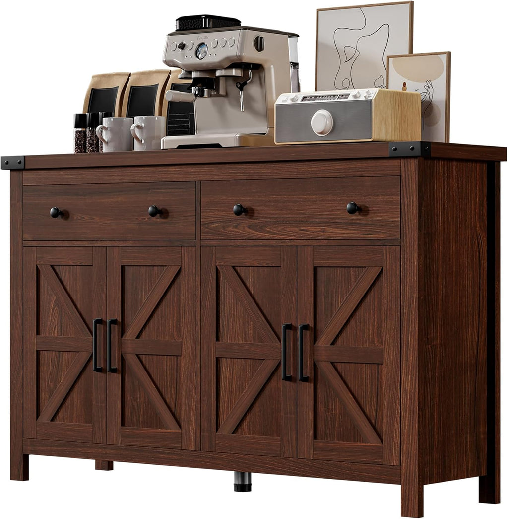 VVFLU Buffet Cabinet with Storage Farmhouse with 4 Doors and 2 Drawers, 55'' Large Kitchen Storage Cabinet Cherry Wood Coffee Bar Buffet Sideboard for Kitchen, Dining Room, Living Room