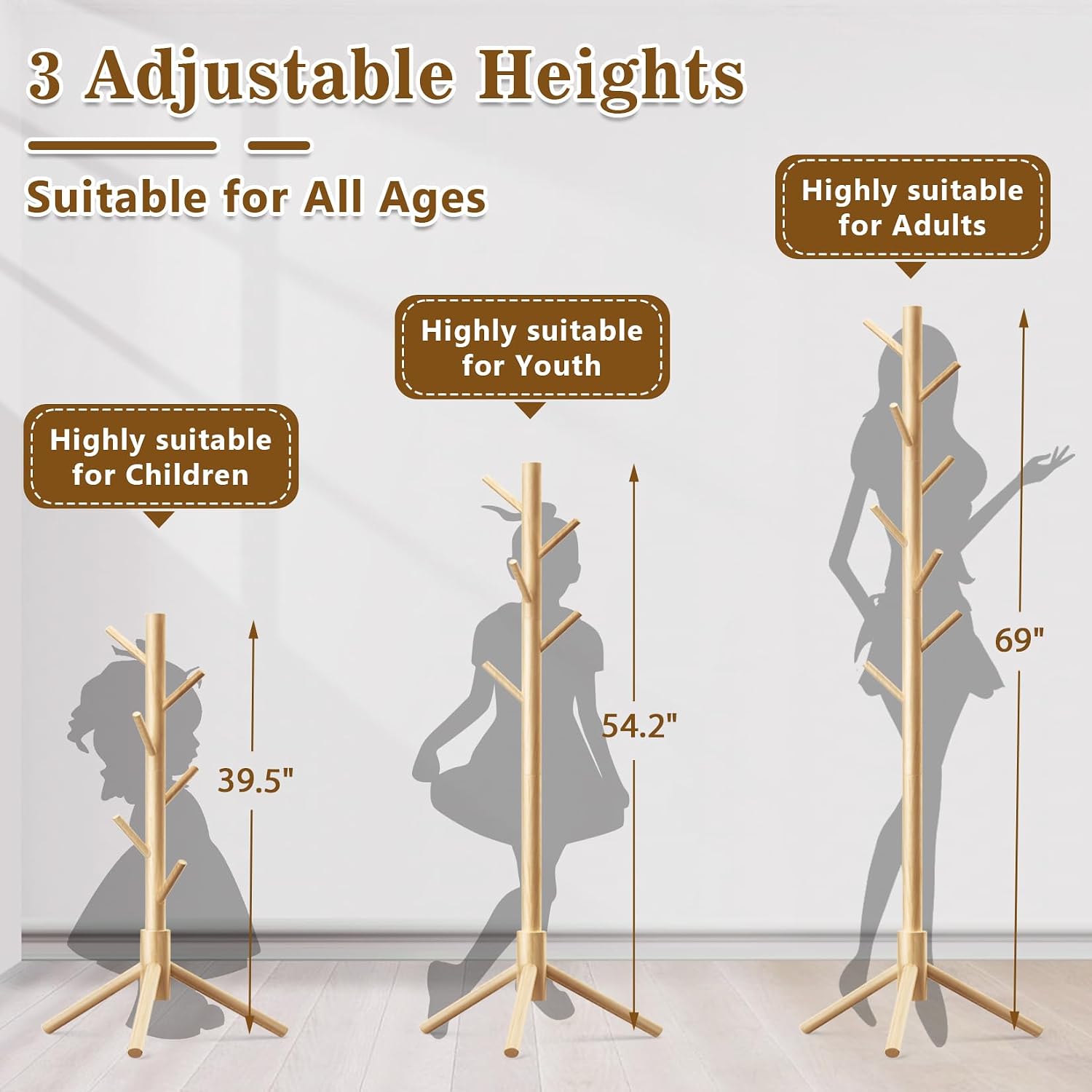 Wooden Coat Rack Freestanding with 8 Hooks,Easy Assembly New Zealand Pine Tree Coat Racks, 3 Adjustable Sizes for Clothes, Hats, Bags, for Entryway, Hallway, Bedroom, Office (Natural, 2PCS)