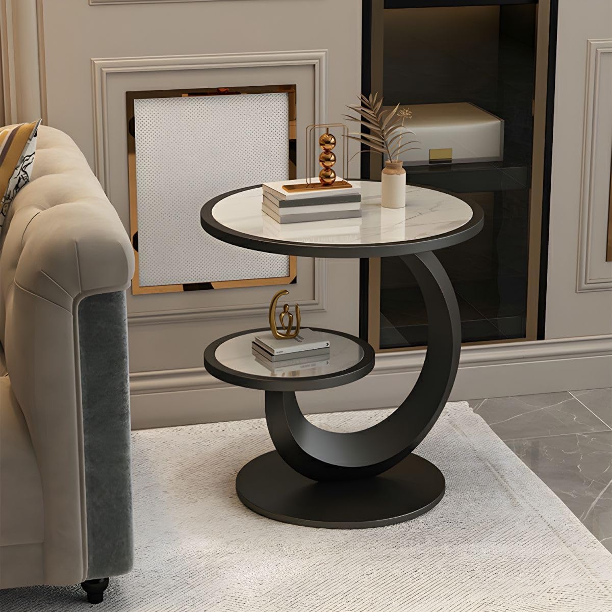 Round Stone Top Side Table with Storage Shelf - Modern End Table for Living Room, Sofa, or Couch