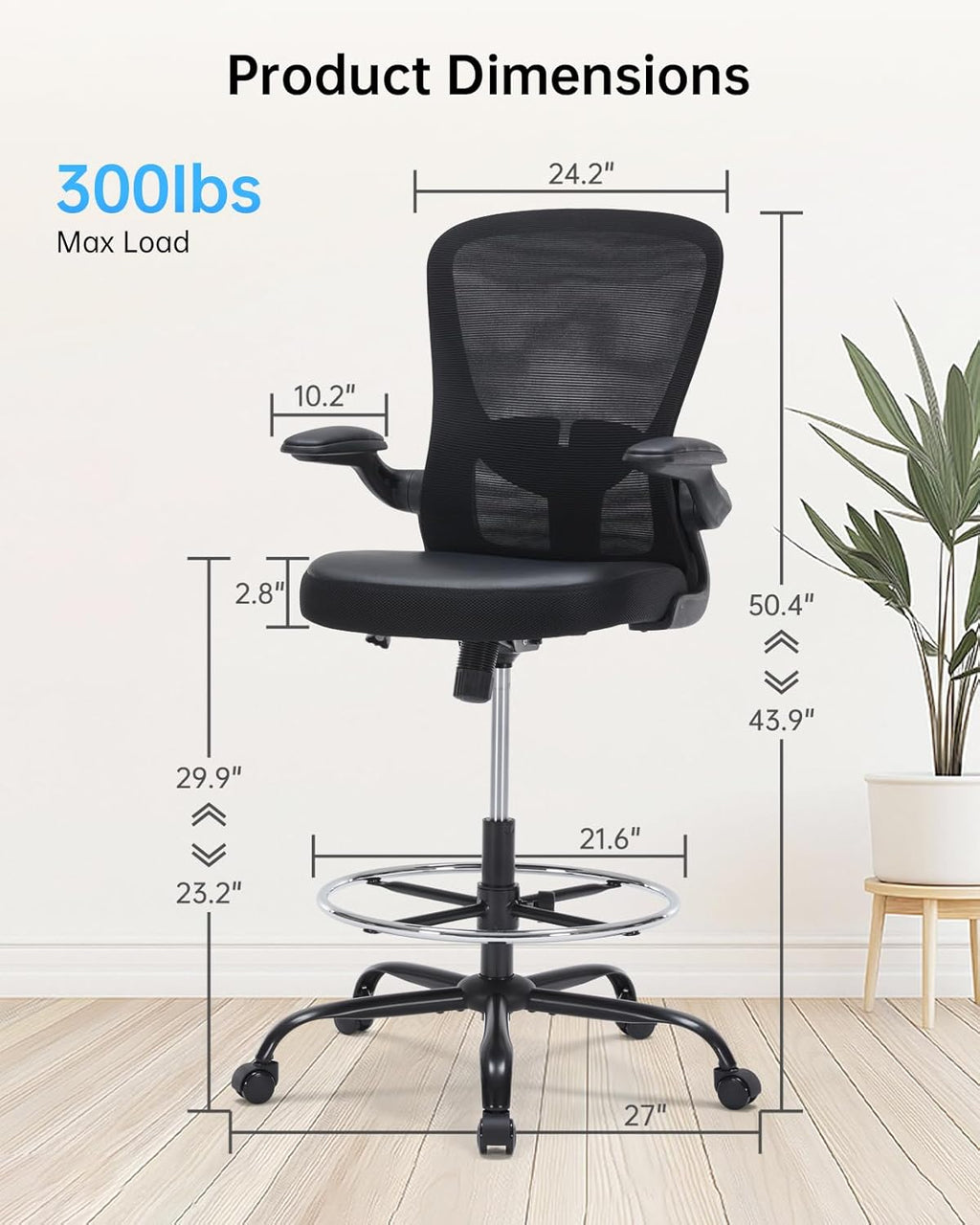 Drafting Chair Tall Office Chair with Flip-up Arms Adjustable Height Standing Desk Chair with Lumbar Support and Footrest Ring Ergonomic Executive Computer Chair Swivel Drafting Stool for Work/Drawing