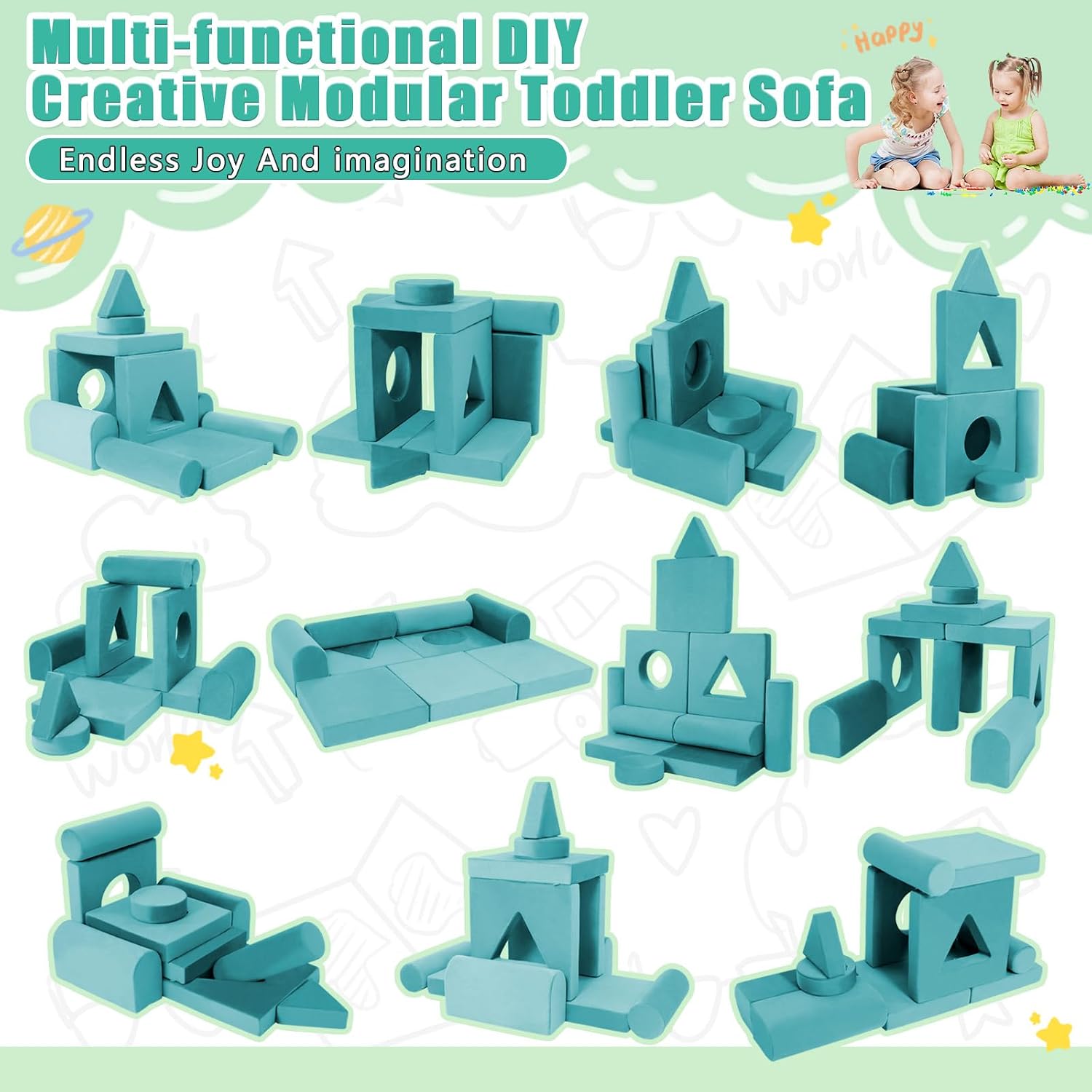 11pcs Modular Kids Play Couch Toddler Sectional Sofa DIY Creativing Convertible Play Fort Foam Play Couch Child Floor Folding Sofa for Playroom Bedroom Living Rooms Furniture(Dark Gray)