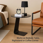 Modern C-Shaped End Table, Tempered Glass Tabletop Couch Side Table, Black Round C Table for Living Room, Bedroom, or Sofa Side – Stylish Accent Table (Grey)