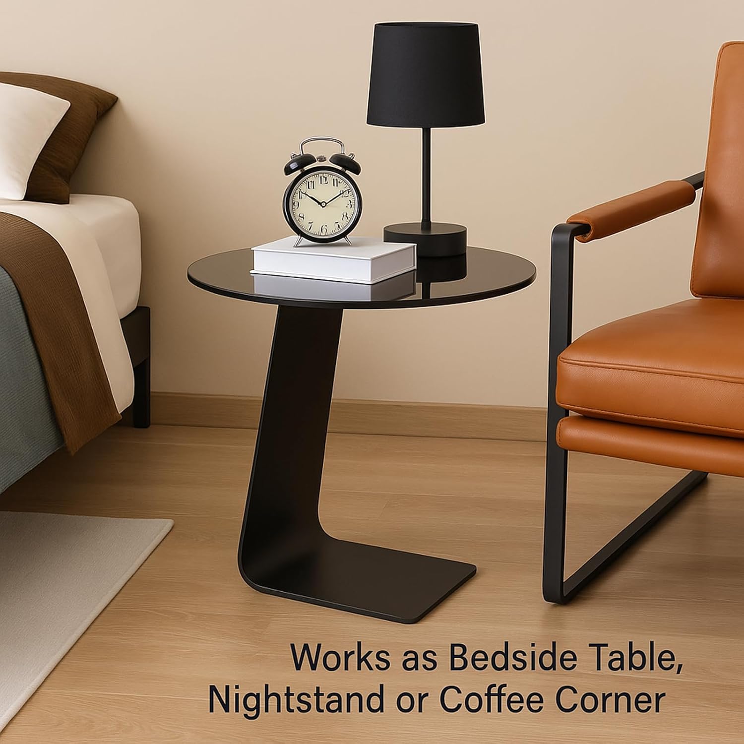 Modern C-Shaped End Table, Tempered Glass Tabletop Couch Side Table, Black Round C Table for Living Room, Bedroom, or Sofa Side – Stylish Accent Table (Grey)