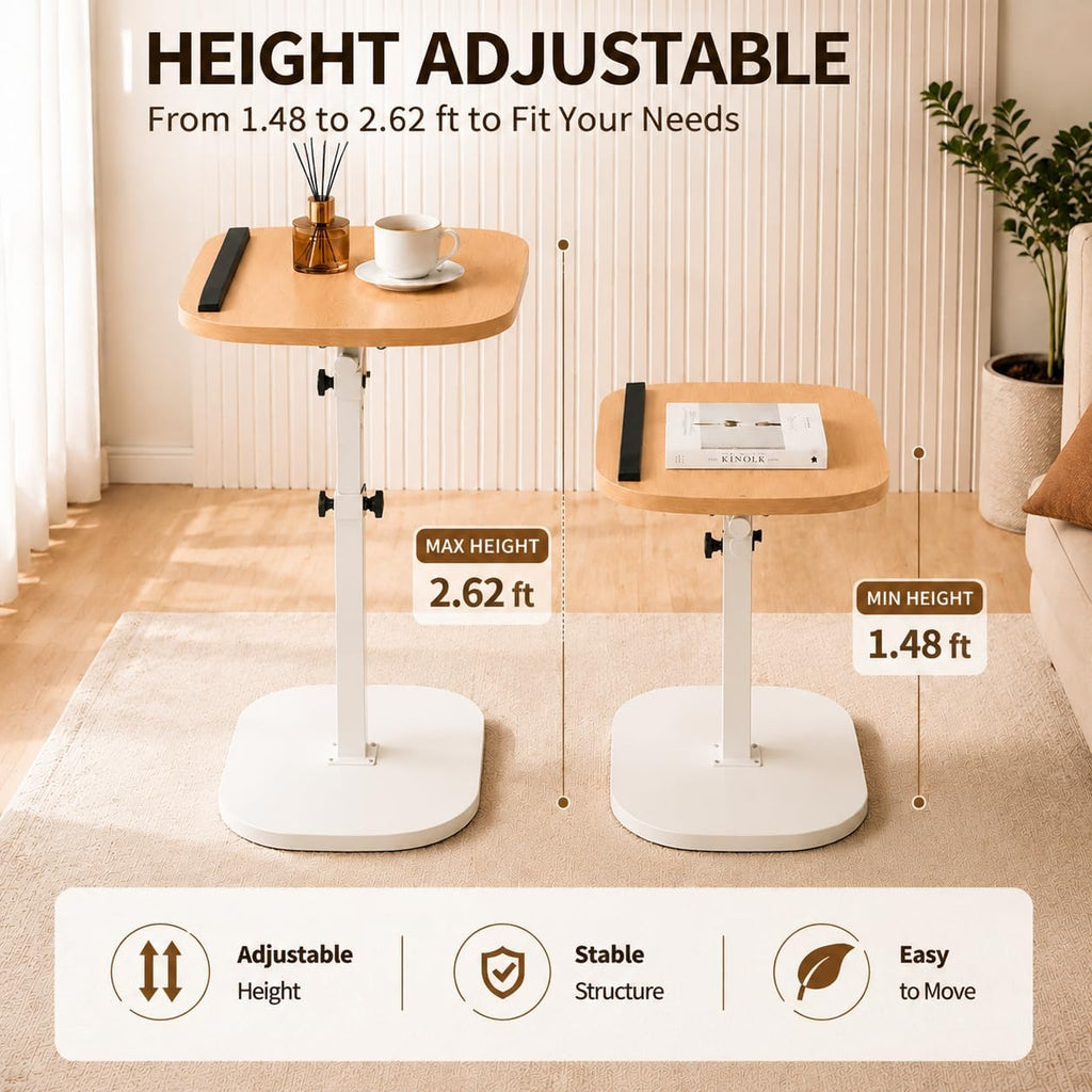 Adjustable C Table End Table, Height Adjustable 360° Swivel TV Tray Table for Small Spaces, Sofa Bedside Laptop Side Table that Slides Under Couch, Living Room & Bedroom (Natural Wood/White)