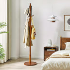 IBUYKE Wooden Coat Rack Freestanding,8 Hooks,3 Height Options,Brown WD-113 | Round Base Coat Hanger,Easy Assembly,Clothes Rack for Hallway Entryway Living Room Bedroom for Coats Hats Handbags