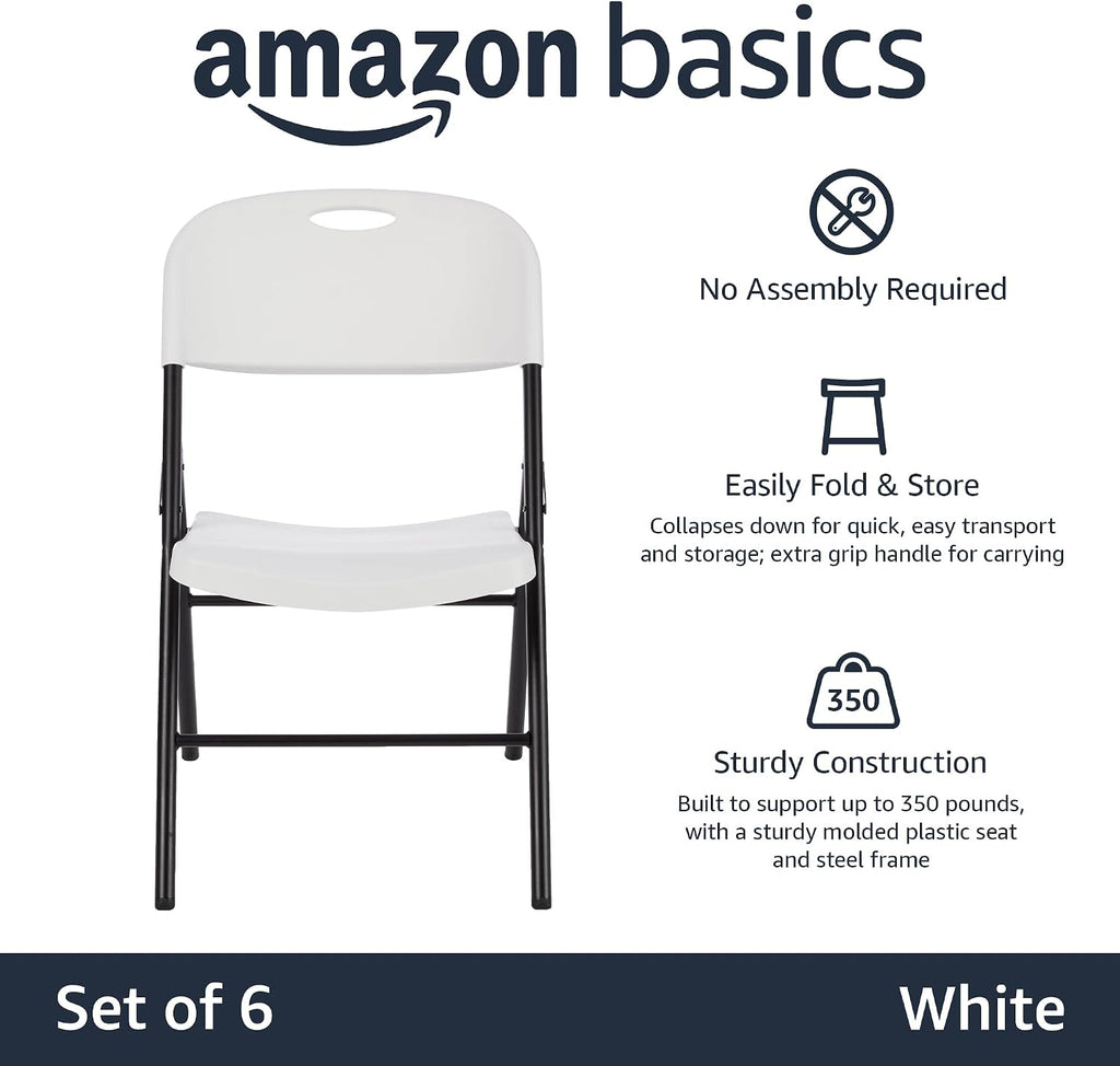 Amazon Basics Sturdy Foldable Portable Plastic Chair, 350-Pound Capacity, Space Saving for Events and Seating, White, 6-Pack