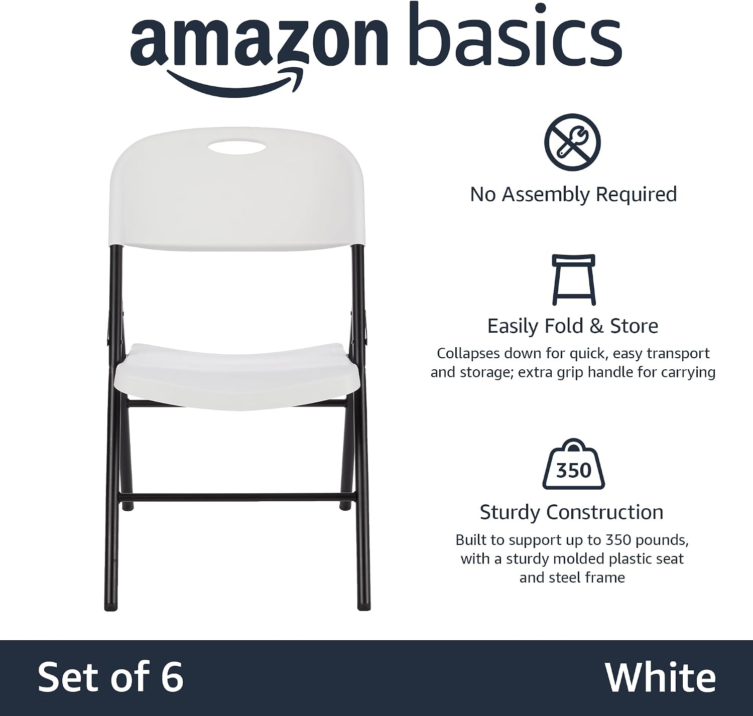 Amazon Basics Sturdy Foldable Portable Plastic Chair, 350-Pound Capacity, Space Saving for Events and Seating, White, 6-Pack