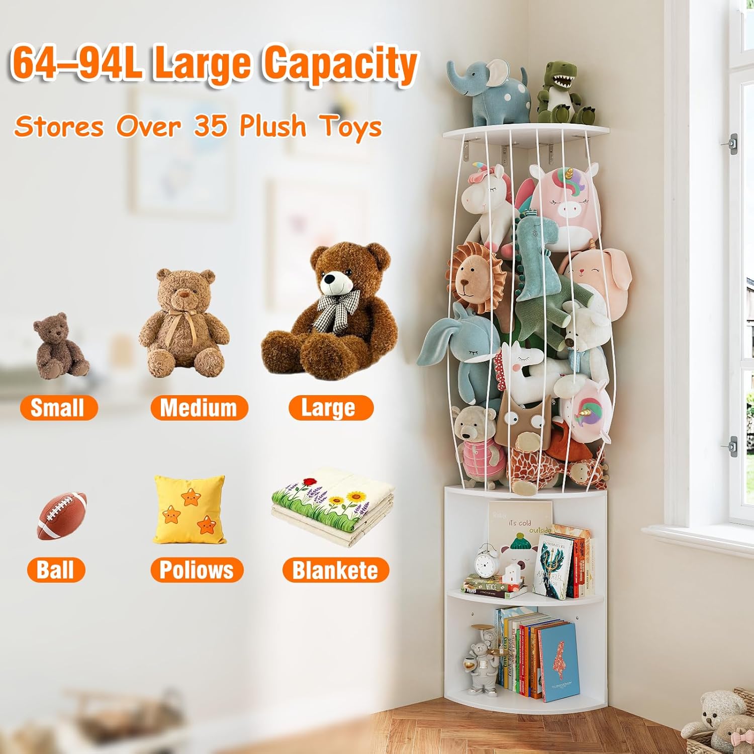 74.7" H Stuffed Animal Storage with 2-Tier Corner Bookshelf - Wall Mount Height Adjustable Plush Toy Organizer, Wooden Kids Bookshelf for Small Spaces Nursery Playroom Kids Room, White