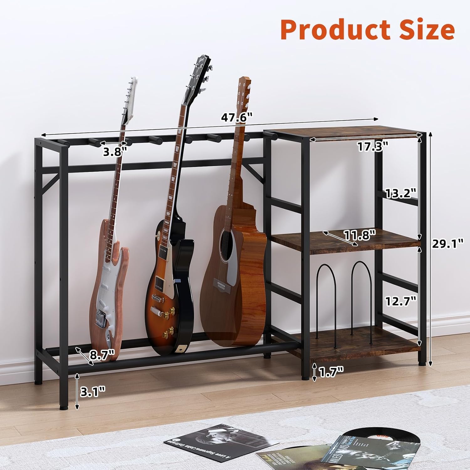 Guitar Stand with Record Player Stand, Guitar Rack with Record Player Table, Guitar Holder 7 Space for Multiple Guitars, Bass, Acoustic, Guitar Display for Home Music Studio, Brown