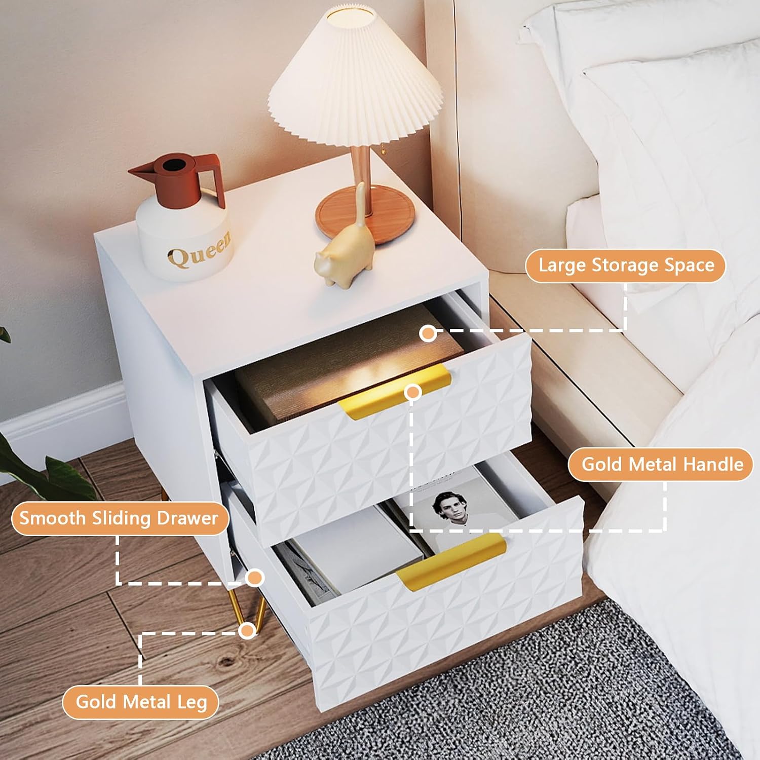 White and Gold Nightstand Set of 2,Modern Bedside Tables Set of 2 with 2 Drawer for Bedroom,End Side Table with Gold Legs for Living Room