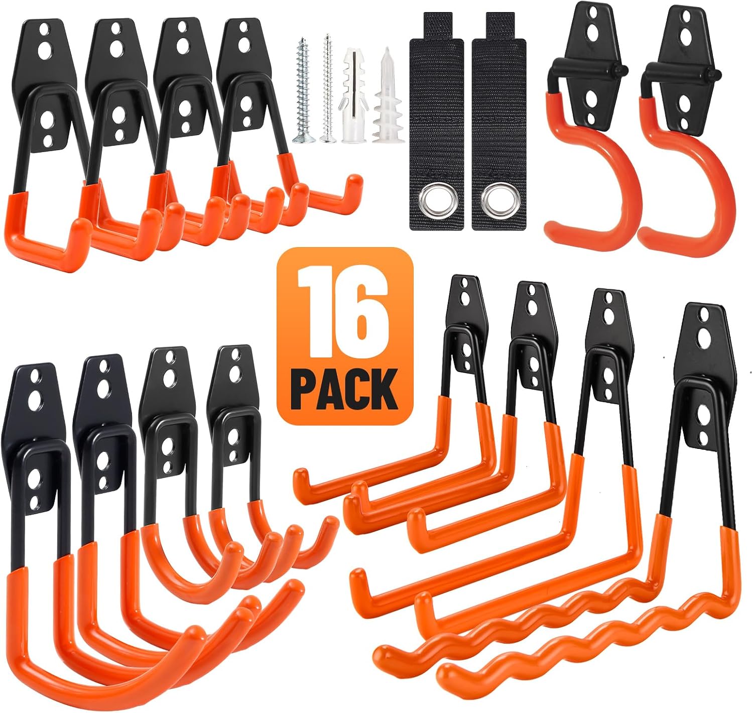 Garage Hooks 16 Pack Utility Steel Garage Storage Hooks with Anti-Slip Coating, Heavy Duty Mount Hooks for Hanging Bike, Ladder Garden Tool Organizer