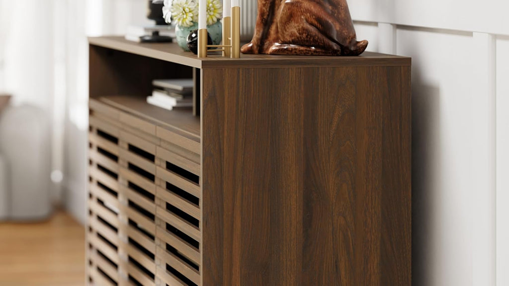 FENSULN Buffet Sideboard Cabinet Modern Storage Cabinet with Louvered Door and Adjustable Shelf for Kitchen, Coffee Bar, Living Room, Brown