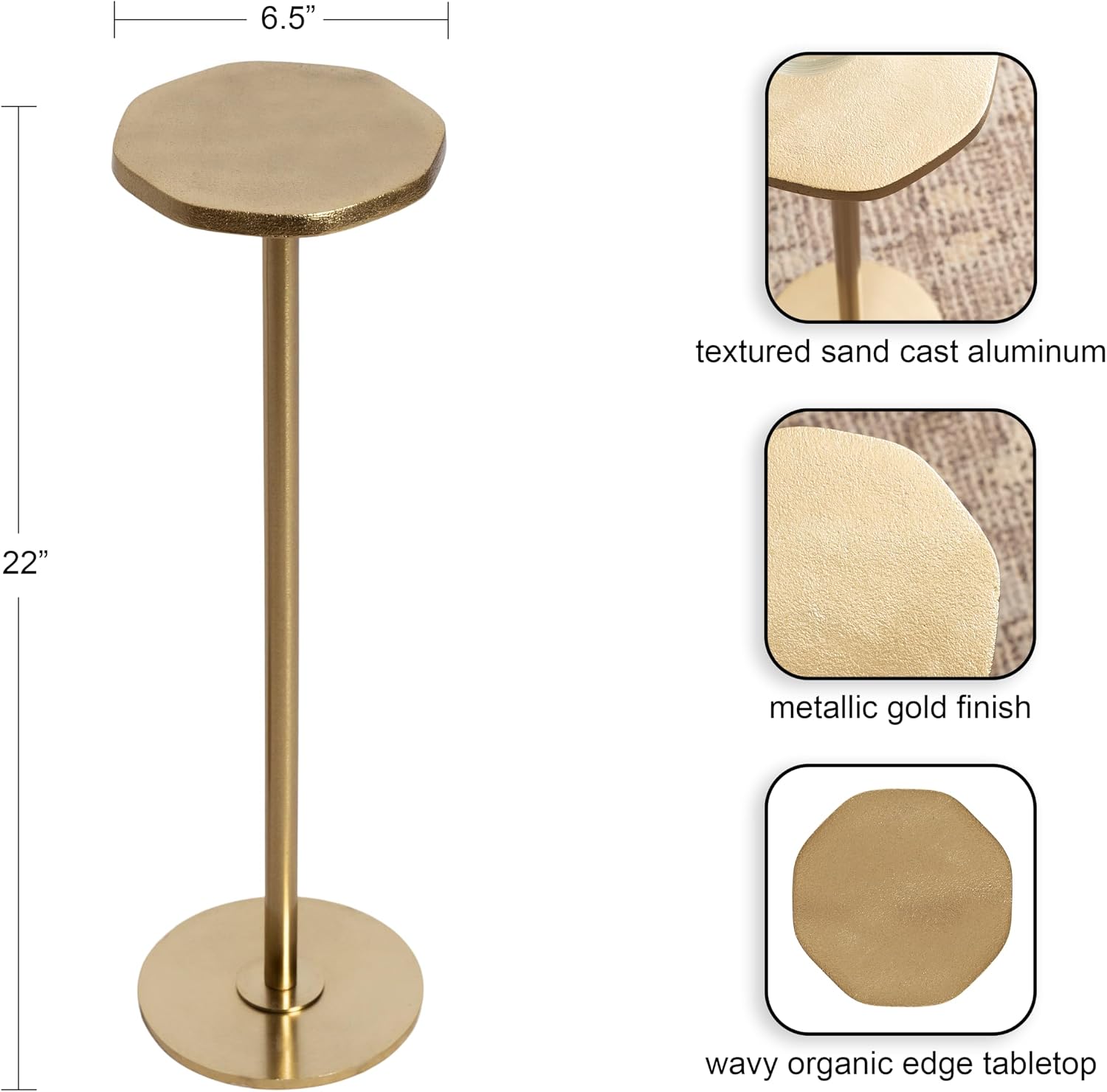 Kate and Laurel Pianka Decorative Modern Pedestal Round Drink Table, 7 x 7 x 22, Gold, Cast Aluminum Mini Table with Organic Tabletop Shape for Use as Small Plant Stand or Living Room Accent