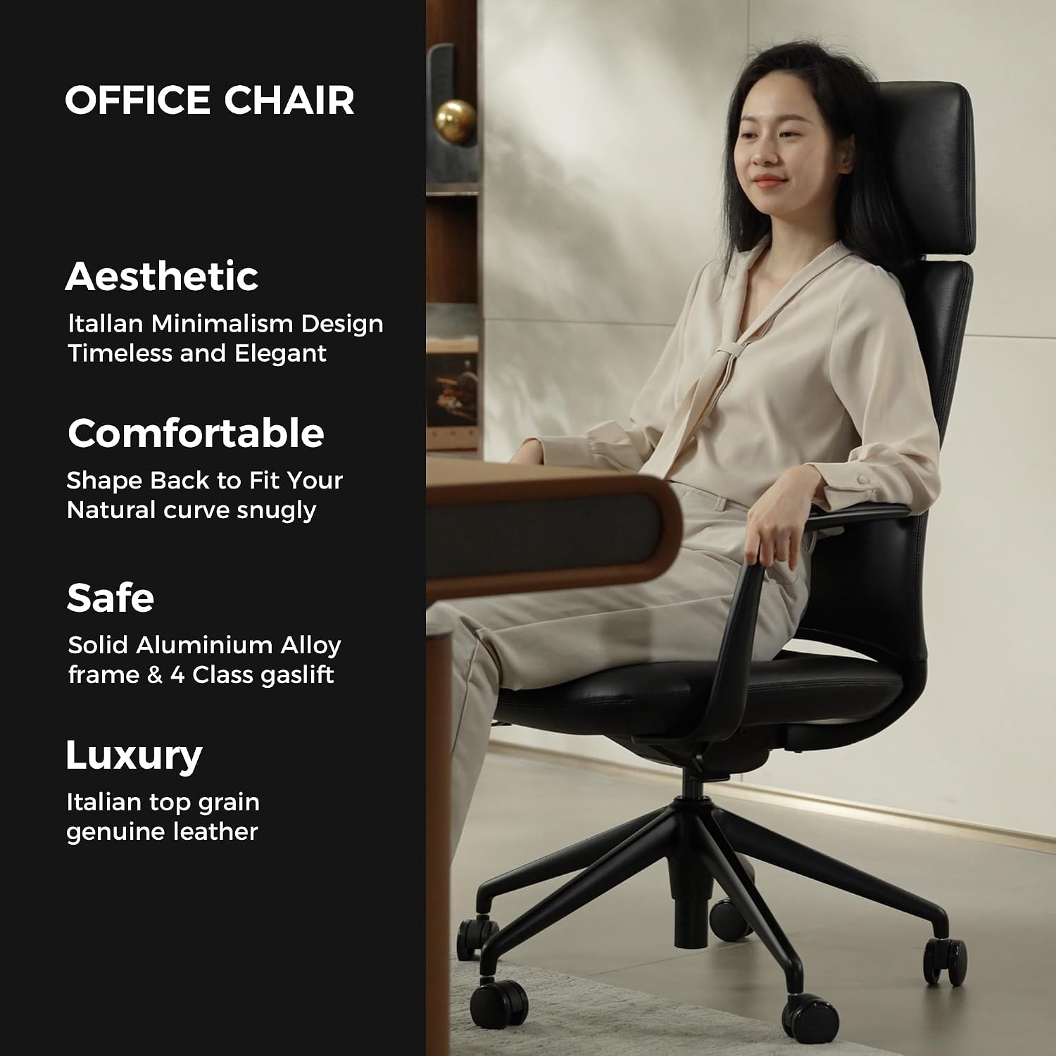 TOMU Executive Leather Office Chair, Top Grain Genuine Leather Executive Chair High Back with headrest, Adjustable Tilt & Height, Ergonomic Swivel Chair with Wheels (Black)