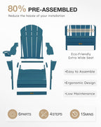 Folding Adirondack Chair, Patio Chair Wood Texture, Outdoor Chair Weather Resistant, Fire Pit Chair with Cup Holder, Composite Adirondack Chair Set of 2(Navy Blue)