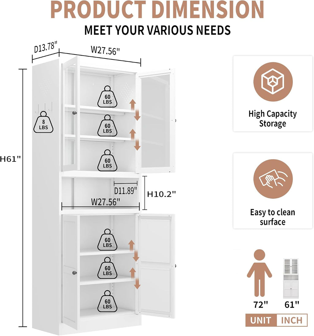 72" Metal Kitchen Pantry Cabinet - Heavy Duty Stainless Steel Frame, 5 Adjustable Shelves, Freestanding Storage Cabinet for Kitchen/Pantry/Bathroom, Tool-Free Assembly & Silent Magnetic Doors(White)