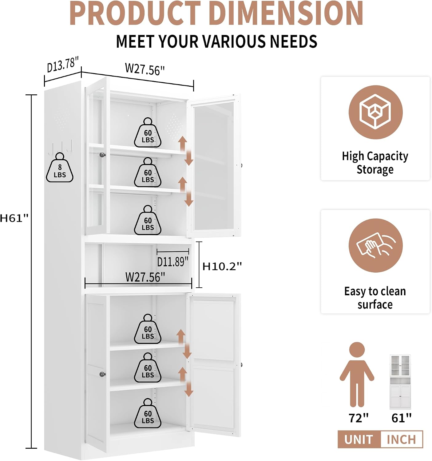 72" Metal Kitchen Pantry Cabinet - Heavy Duty Stainless Steel Frame, 5 Adjustable Shelves, Freestanding Storage Cabinet for Kitchen/Pantry/Bathroom, Tool-Free Assembly & Silent Magnetic Doors(White)