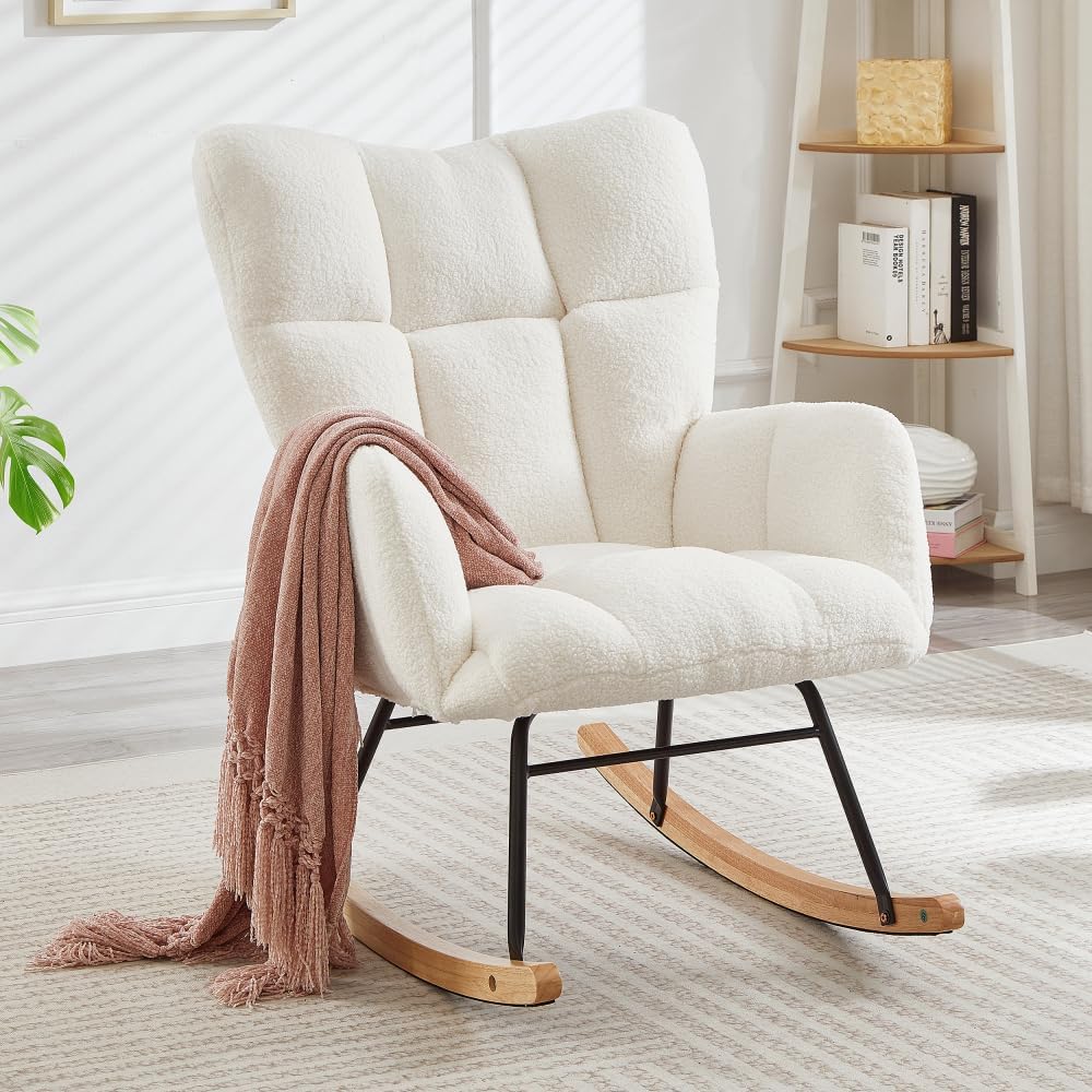 Glider Chair for Living Room Tufted Upholstered Teddy Fabric Rocking Chair with Metal Frame,Pink (Ivory + Teddy)