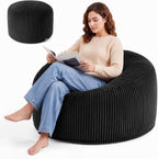 3FT Bean Bag Chairs for Adults, Medium Memory Foam Beanbags with Machine-Washable Wide Stripe Plush Cover Bean Bag Chair for Living Room Bedroom Dorm Office-Jet Black
