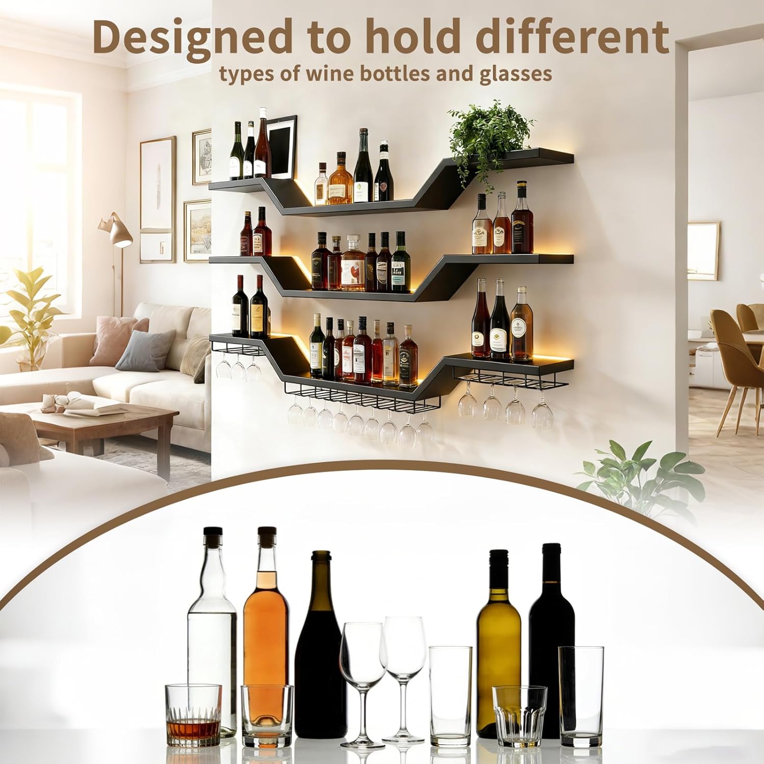 47.2-inch/120cm Metal Wall Mount Wine Rack, 3-tiers Modern Wall Bar Shelf with Wine Glass Rack, Floating Liquor Shelf with LED Lights, Bottle Display Wine Storage Shelves for Home Bar Coffee Shop