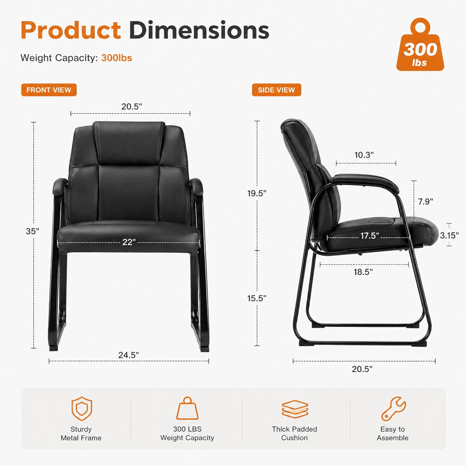Simple Deluxe 2pcs Leather Guest Chairs with Padded Arms & Sled Base, Single Wheelless Stationary Lounge Seat, Ideal for Conference, Reception, Lobby, Home Office and Bedrooms, Black