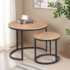 CENSI 24" Natural Oak Round Nesting Coffee Table Set of 2 | Accent Nesting End Table / Side Table, Space-Saving, Modern Industrial Style