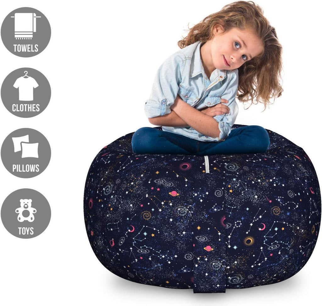 Lunarable Constellation Storage Toy Bag Chair, Star Clusters Galaxies and Planets Astrology Themed Abstract Illustration, Stuffed Animal Organizer Washable Bag, Large Size, Space Blue