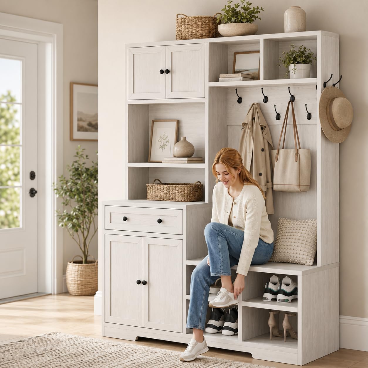 Einhomn 5-in-1 Hall Tree with Bench and Shoe Storage, 51" W Entryway Organizer Coat Rack with 9 Hooks, 2 Storage Cabinets, Drawer, Open Cubbies for Mudroom, Hallway, Living Room, Rustic White