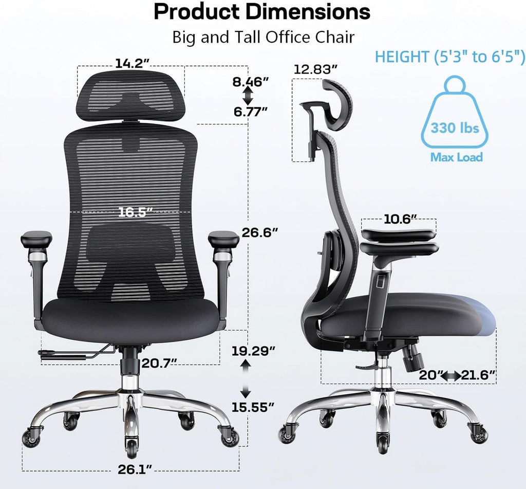 Marsail Ergonomic Office Chair with 6D Armrests, Ergonomic Chair with 3D Adjustable Headrest, Slide Seat, Lumbar Support, and 4-Position Tilt Lock – Big and Tall Office Chair with 330 lbs Capacity